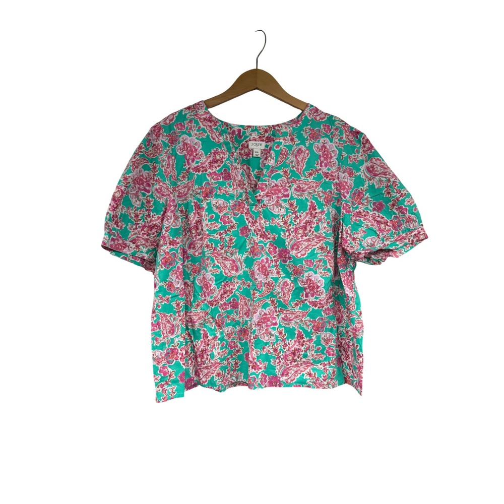 J.Crew Womens XXL Pink Green Paisley Floral Split Neck Puff Sleeve Blouse Top